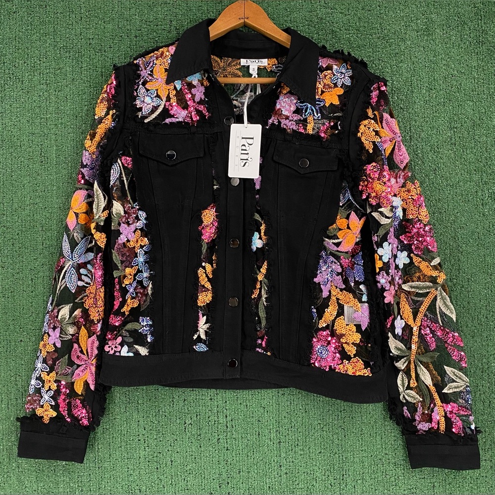 New Paris Hues Adore Sheer Floral Sequined Embroidered Black Denim Jacket Small